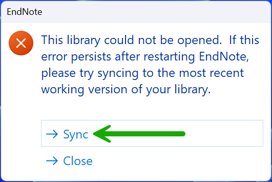 Image of the screen notice that a library cannot be opened